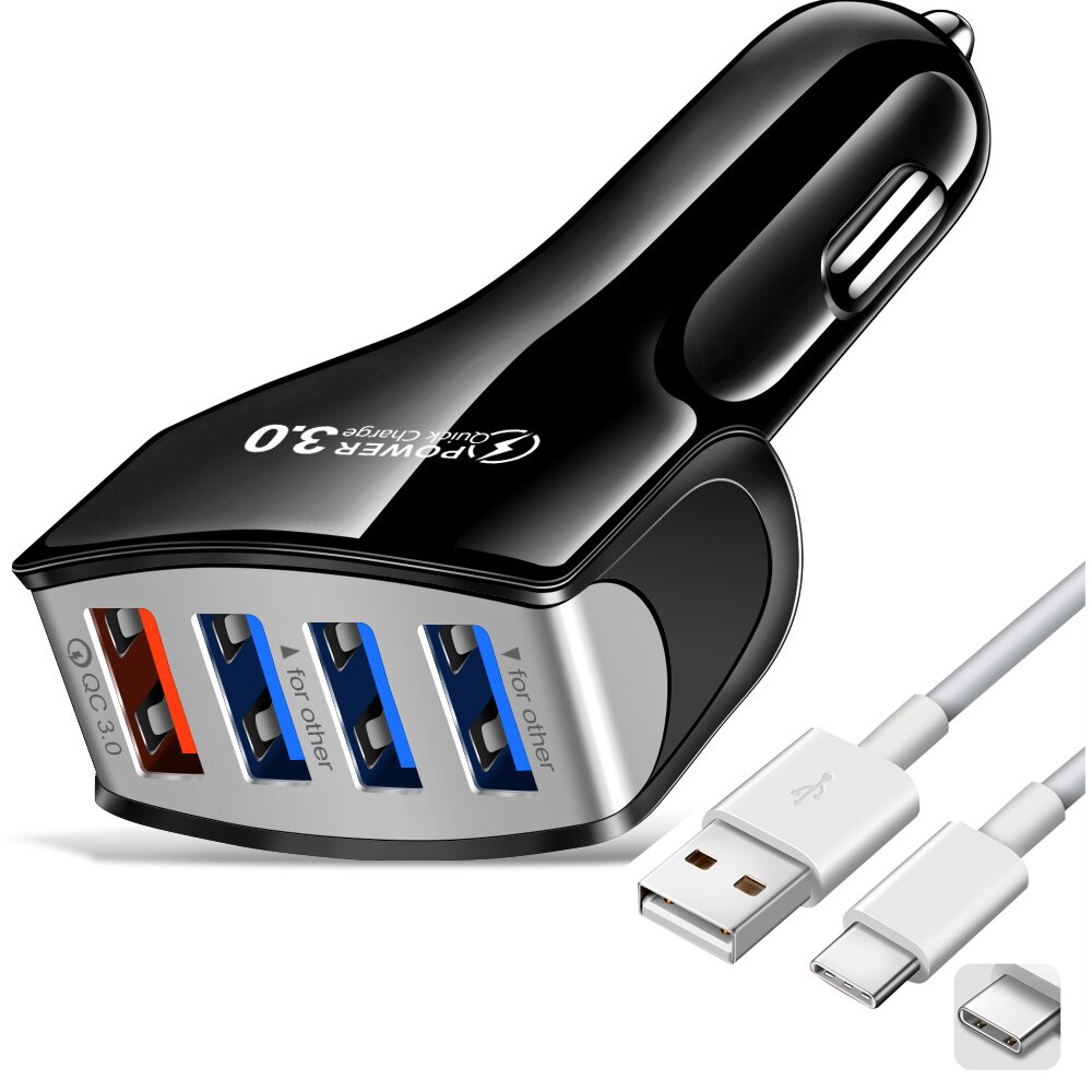 Usb-autoladegerät mit 4 anschlüssen,  qc 3.0 zigarettenanzünder-adapter 3.1a kompatibel mit iphone 13 pro, xr, xs max , 12 und 11 ipad galaxy: Schwarz und kabel