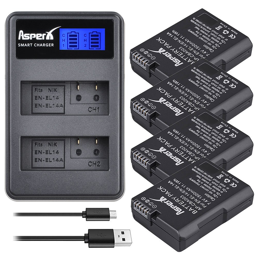 4 kpl en -el14a en -el14 en el14 akku + lcd usb kaksoislaturi nikon akulle  d5500 d5300 d3300 d5100 d5200 d3100 d3200 p7000: 4b laturin kanssa