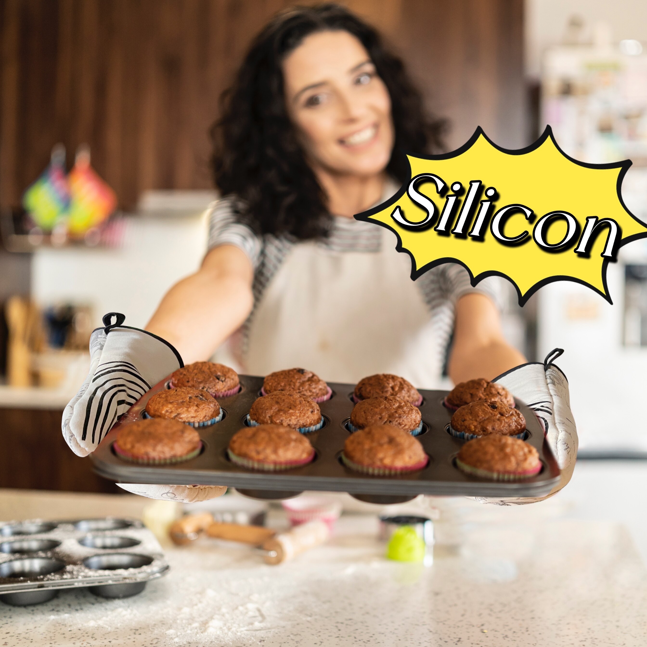 Guantes de horno de algodón con agarre de silicona para repostería, juego básico de utensilios de cocina con soporte para olla de felpa, paquete de 6 unidades