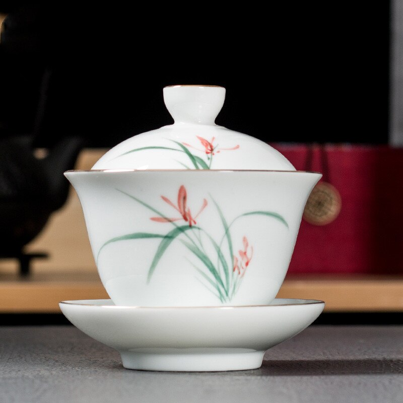 Chinese Style Ceramic Hand Painted Gaiwan Handmade Tea Bowl Set Tea Tureen Teacup Household Teaware Accessories Drinkware: A