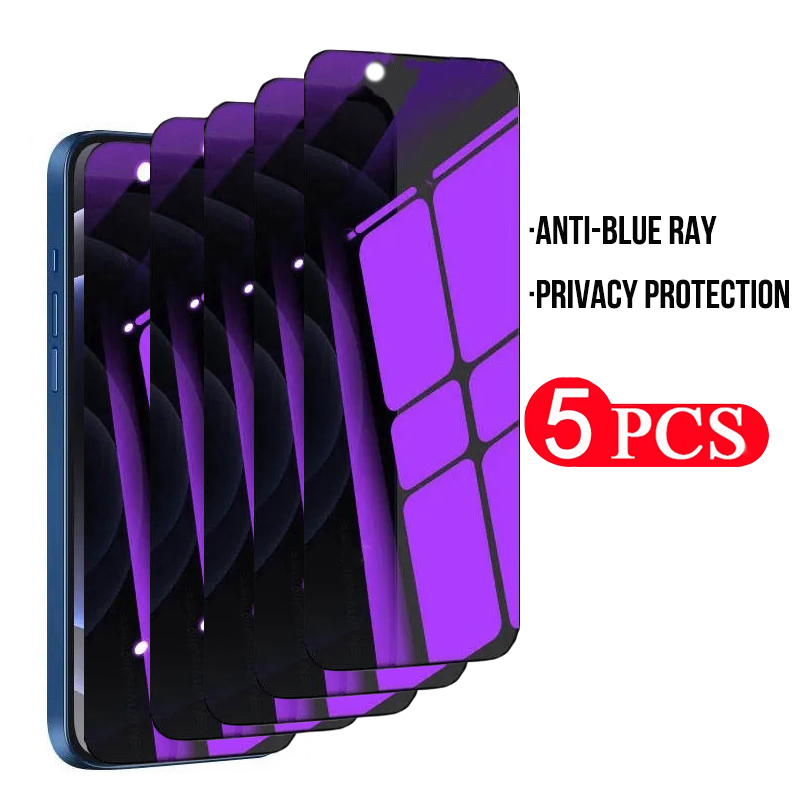 Protetor de tela de privacidade anti-luz azul, 5 peças para iphone 15 14 13 12 mini 11 pro xr xs max película protetora de vidro anti-espionagem