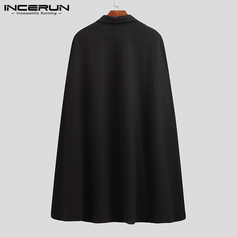 INCERUN 2022 Men Cloak Coats Solid Color Streetwear Lapel Cape Trench Winter Chic Faux Blends Overcoat Men Jackets S-5XL