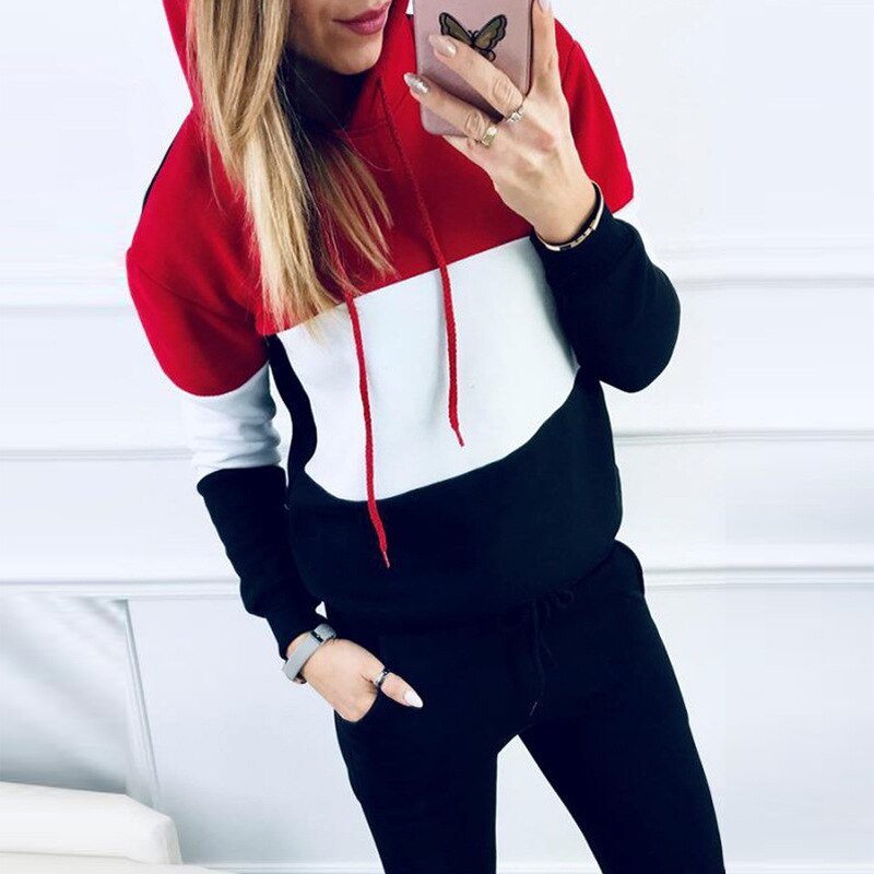 Women Winter sport Tracksuit Sets Lady casual Autumn Long Sleeve Thicken Hooded Sweatshirts 2 Piece Set Female patchwork Suits: 02 Black / XXXL