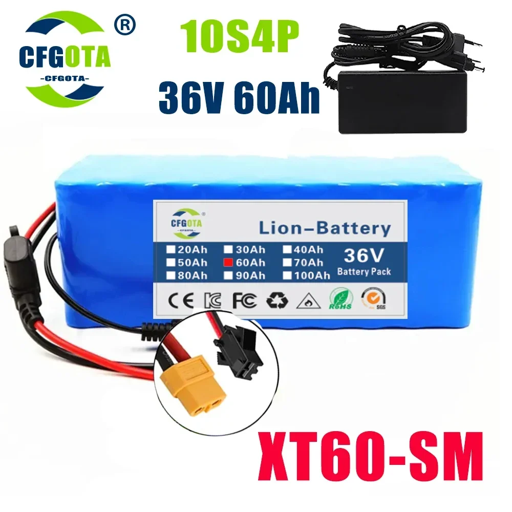 10S4P 36V 60Ah Ebike Battery 18650 Lithium Battery Pack 500W High Power Battery 36V 12000mAh Electric Bicycle BMS+Charger: Brown