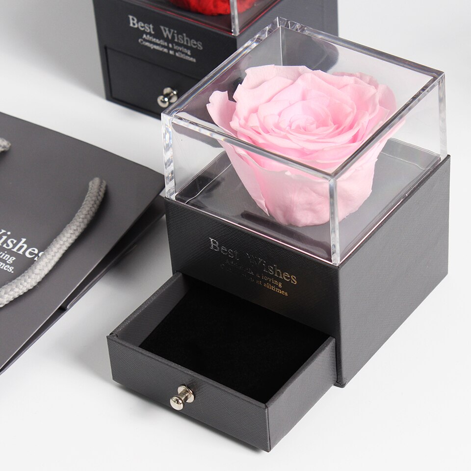 Preserved Real Rose Jewelry Box with Necklace Holder Immortal Flowers Forever Blossom Wedding Birthday Set for Women: pink no necklace