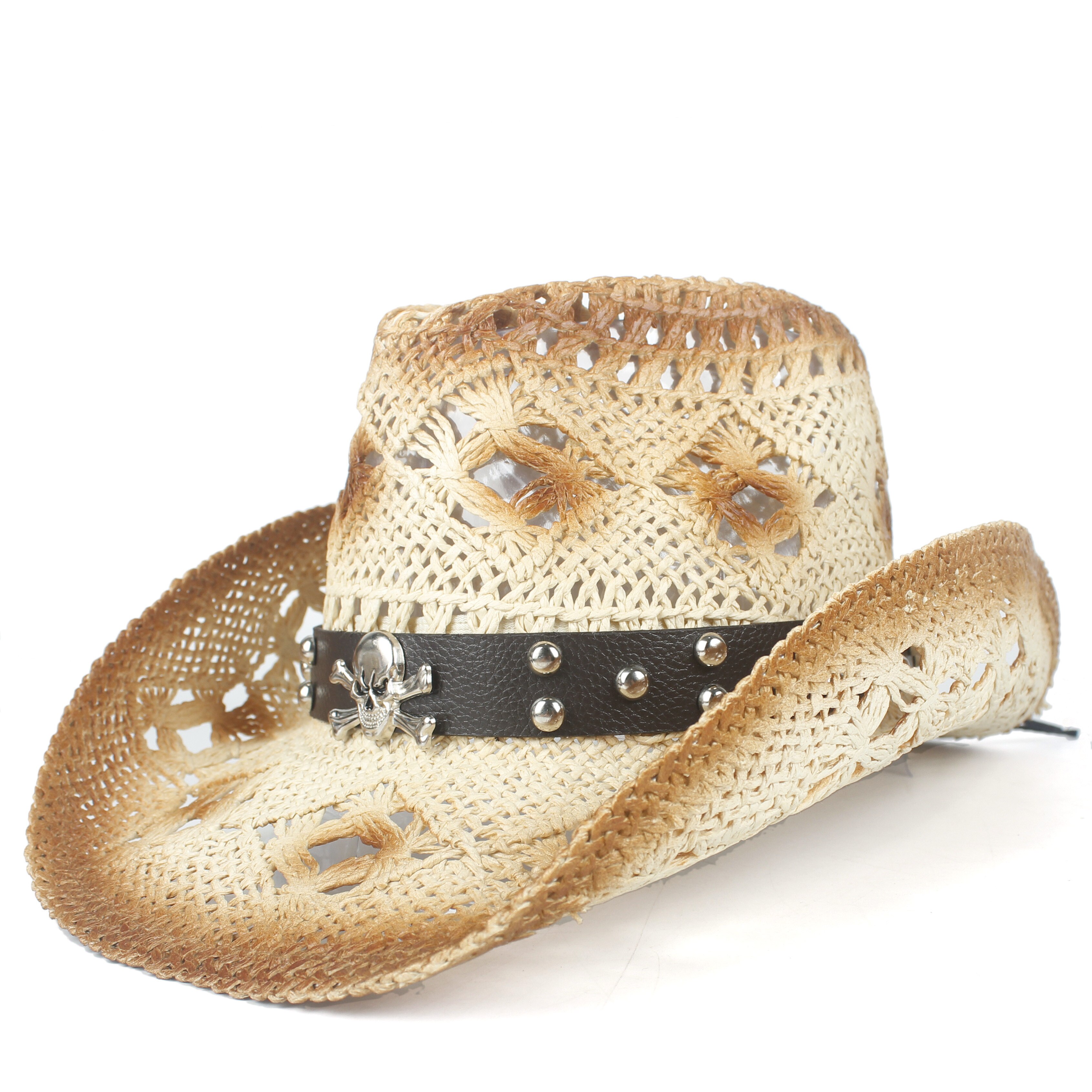 Punk Brand Straw Hollow Western Cowboy Hat Women Men Handmade Fedora Sombrero Hombre Beach Cowgirl Jazz Sun Hat Size: Khaki