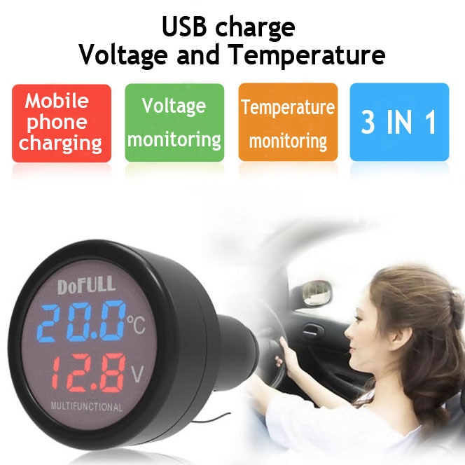 Dofull 3 in 1 Digitale LED auto Voltmeter Thermometer Auto Charger USB 12 V/24 V Temperatuur Meter DC Voltage Sigarettenaansteker