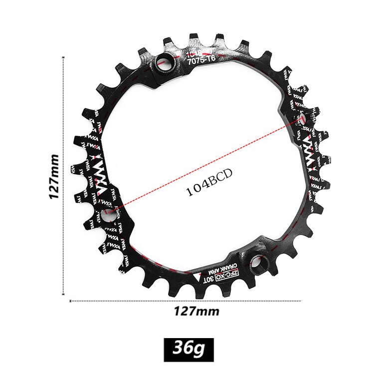 Fiets 104 bcd crank ovaal rond 30t 32t 34t 36t 38t 40t 42t 44t 46t 48t 50t 52t smal breed kettingwiel mtb fiets kettingblad: Ronde 30t zwart