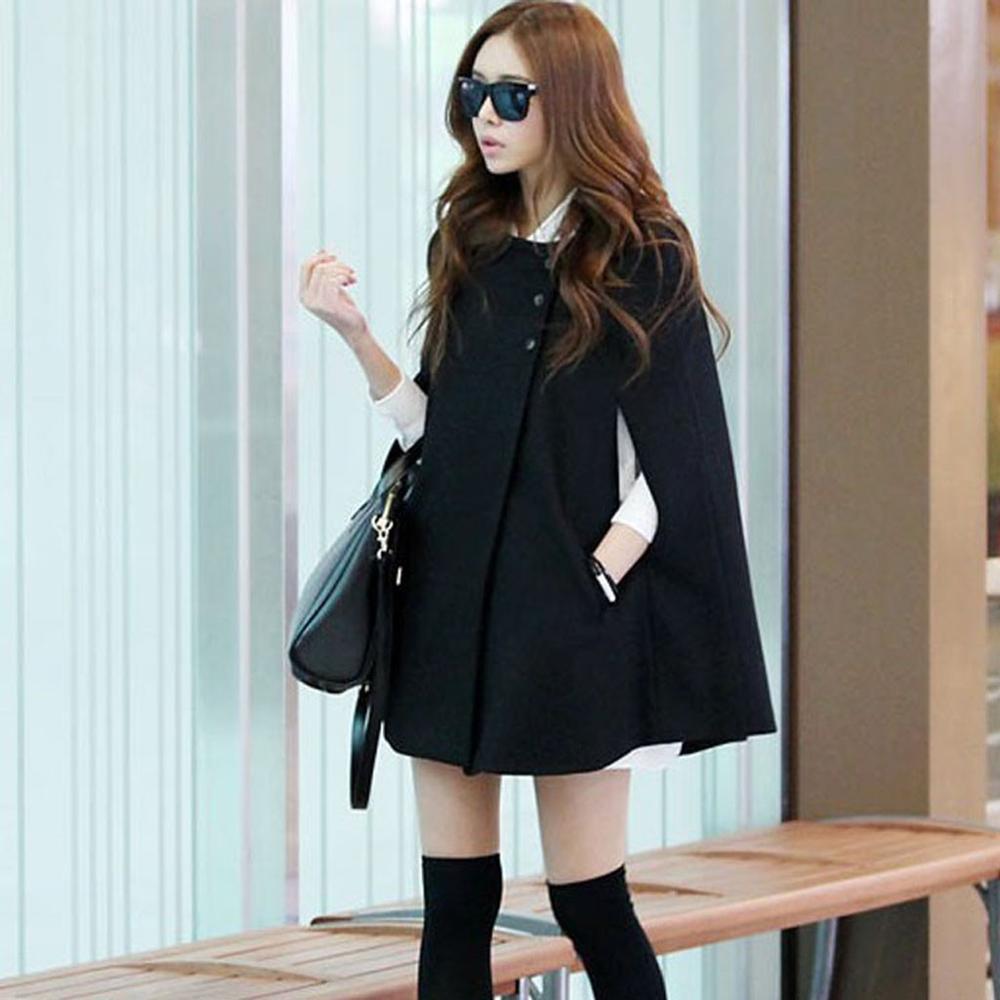 Negro cuello redondo doble manto cruzado abrigo mujer sin mangas Poncho sobretodo mujer otoño lana capa abrigos