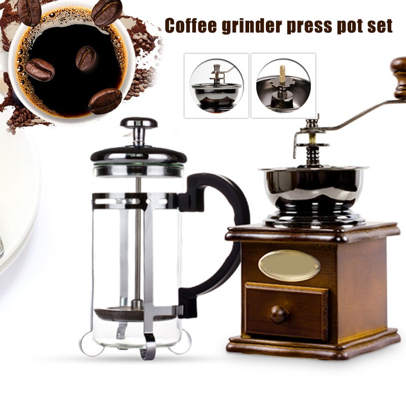 Grinder Press Pot Set Manual Coffee Grinder Coffee Maker Wooden Manual Grinders TI99