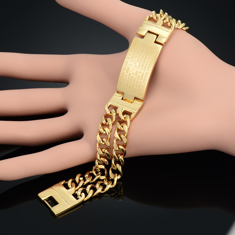 Jezus Christendom Bijbel Spaanse Armband Homme Unieke Gouden Kruis Dikke Chain Link Id Armband Goud Kleur Mannen Sieraden