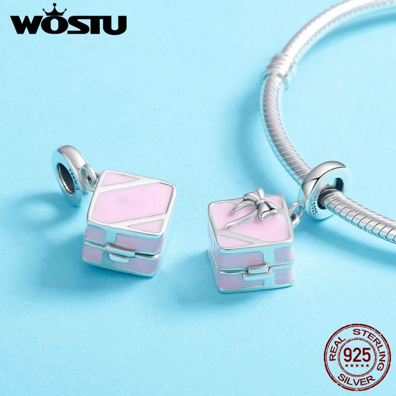 Wostu Originele 925 Sterling Zilver Romantische Roze Doos Trouwen Me Verrassing Voorstel Charm Hanger Fit Armband Diy Sieraden CQC549