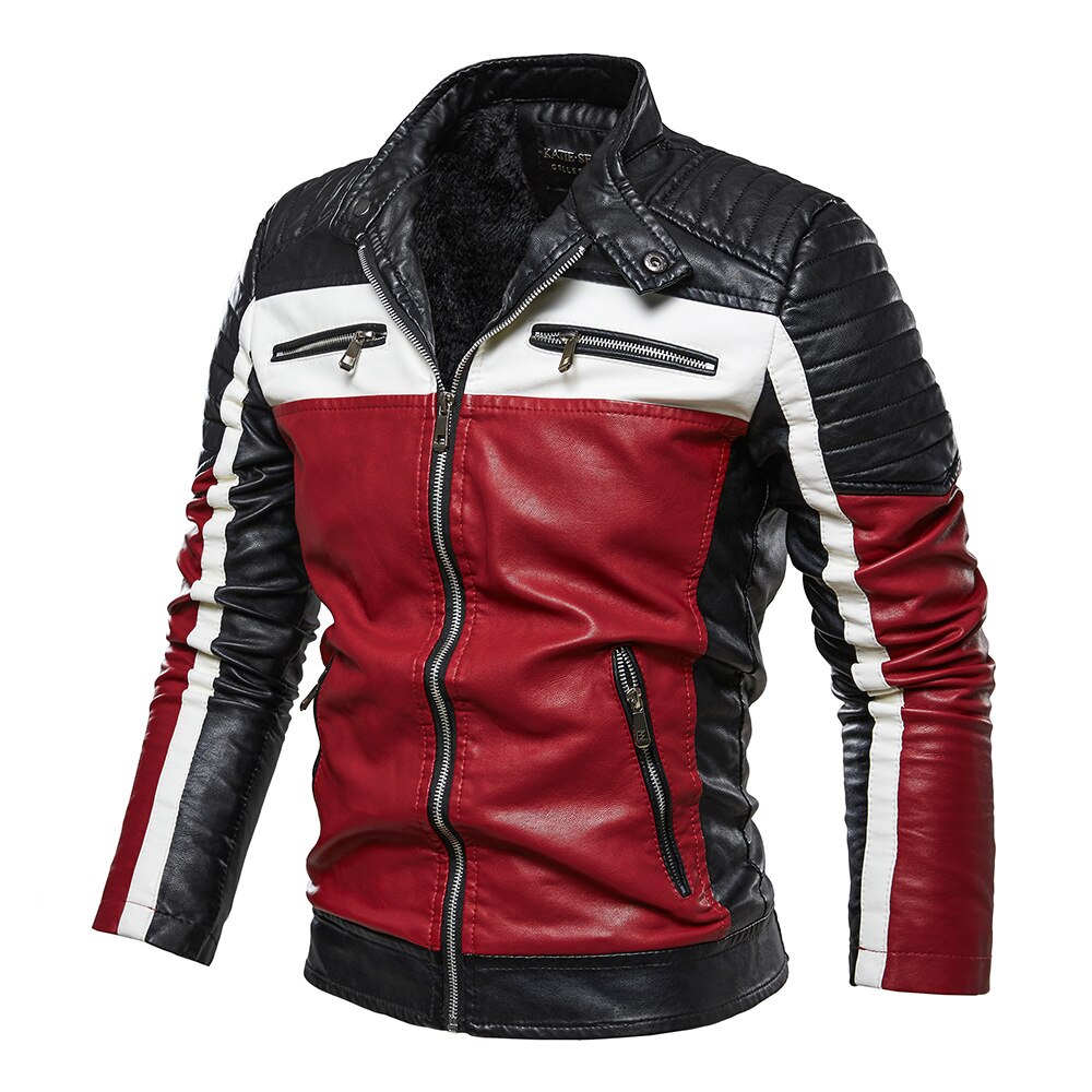 Mænd gul læder jakke patchwork biker jakke mænd afslappet lynlås frakke mænd motorcykel jakke slim fit pelsforet outwear frakke: Kcd 742 rød / L