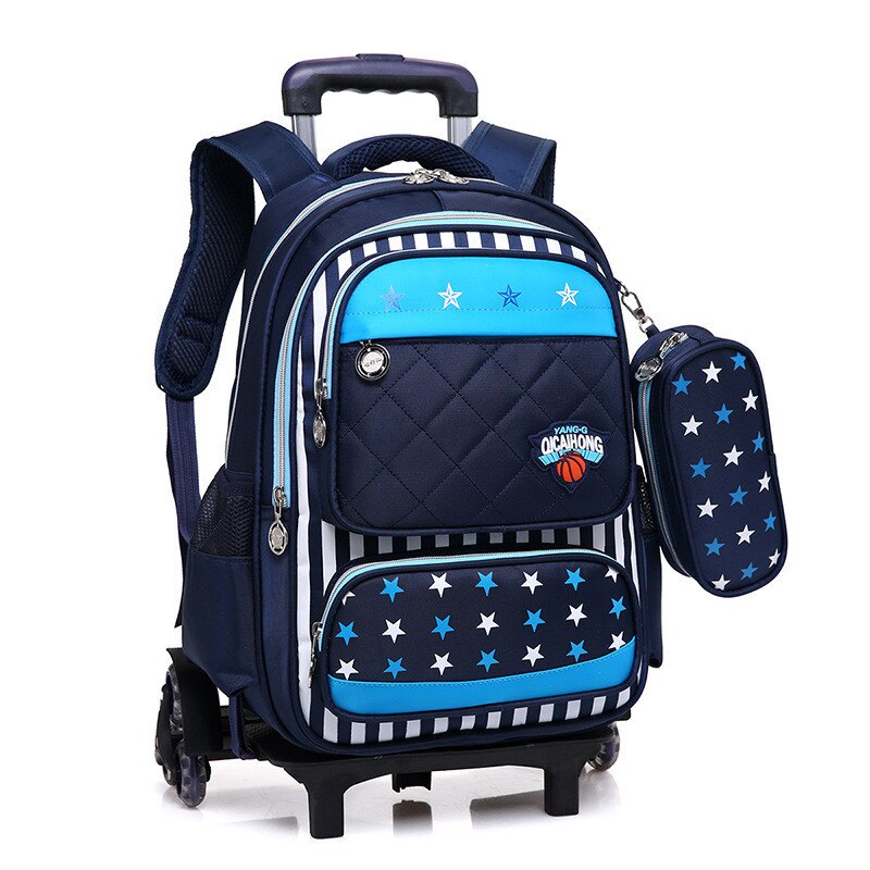 Kids 2/6 Wheels Removable Trolley Backpack Wheeled Bags School Bag for Boys Girls Travel Bags Child School Backpack Mochila: six wheels blue