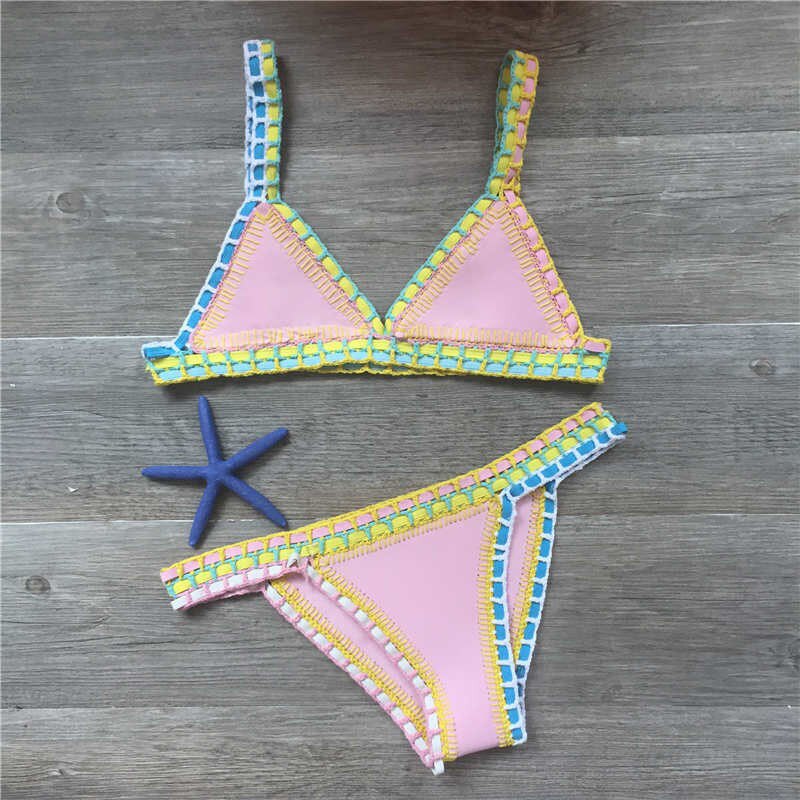 Women's Bikini Hand Crocheted Knit Patchwork Swimsuit Women Swimwear Beach Vacation Halter Top Maillot Biquini Bathing Suits: Pink