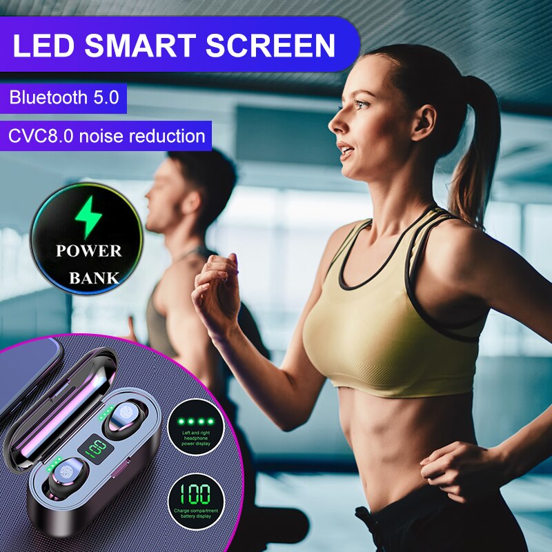 Draadloze Koptelefoon Bluetooth 5.0 F9 Tws Draadloze Bluetooth Hoofdtelefoon Led Display Met 2000 Mah Power Bank Headset Met Microfoon