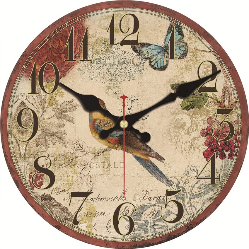 Reloj de pared de madera Vintage con pájaros con flor, país francés, romántico, desgastado, Chic, 12 &quot;, números romanos decorativos grandes, batería analógica