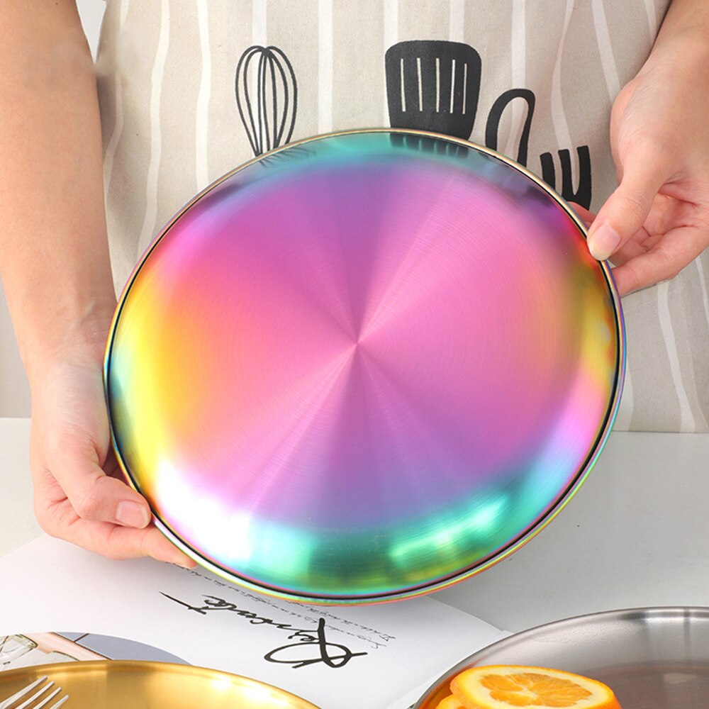 Stainless Steel Dinner Plates Restaurant Serving Tray Round Dessert Cake Snack Dishes Storage Plate Kitchen Supplies