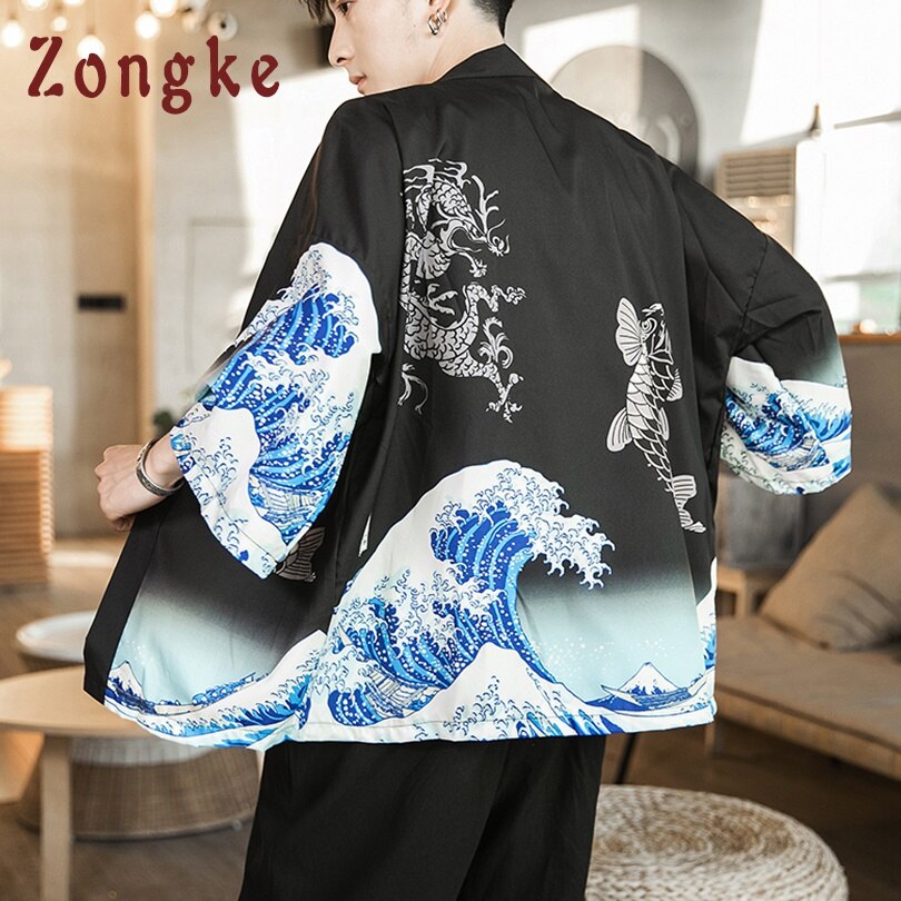 Zongke Golven Zwart Kimono Mannen Japanse Kimono Vest Harajuku Kimono Shirt Mannen Streetwear Hawaiian Shirt Mannen 5XL