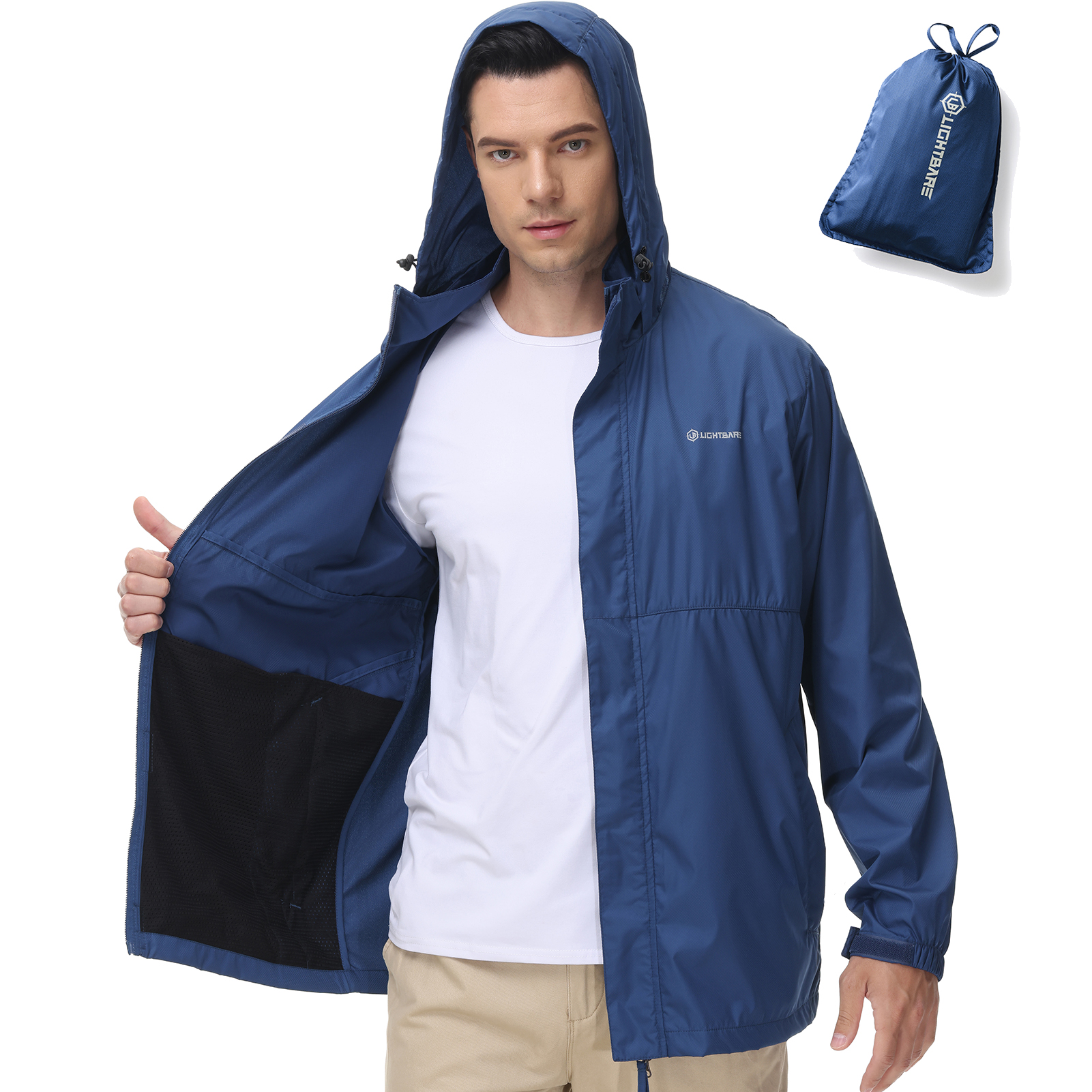 Bassdash Lightbare Series Men’s Lightweight Water Resistant Raincoat Ripstop Packable Breathable Hooded Windbreaker Jacket LB02M: Navy Blue / Medium