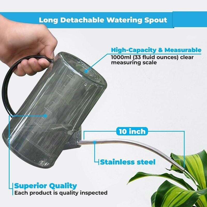 Regadera de acero transparente de boca larga para plantas, bote rociador duradero de 1L, herramientas de jardinería, regadera de flores