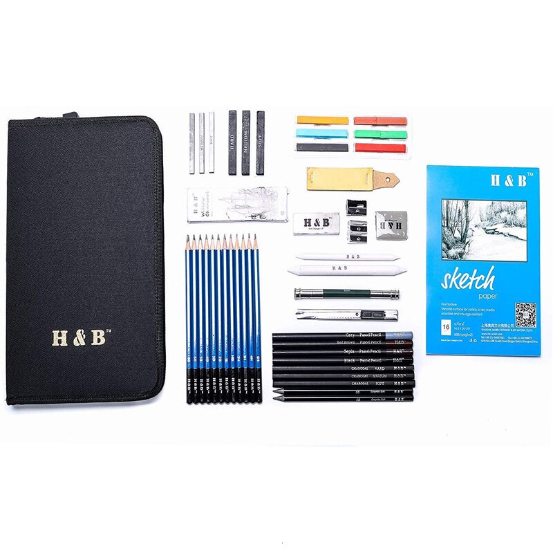 H&amp;B 48pcs Sketch Pencils Set Artists Drawing Kit in Pencil case with Pencil Sharpener Art Supplies for Student Painter Beginner