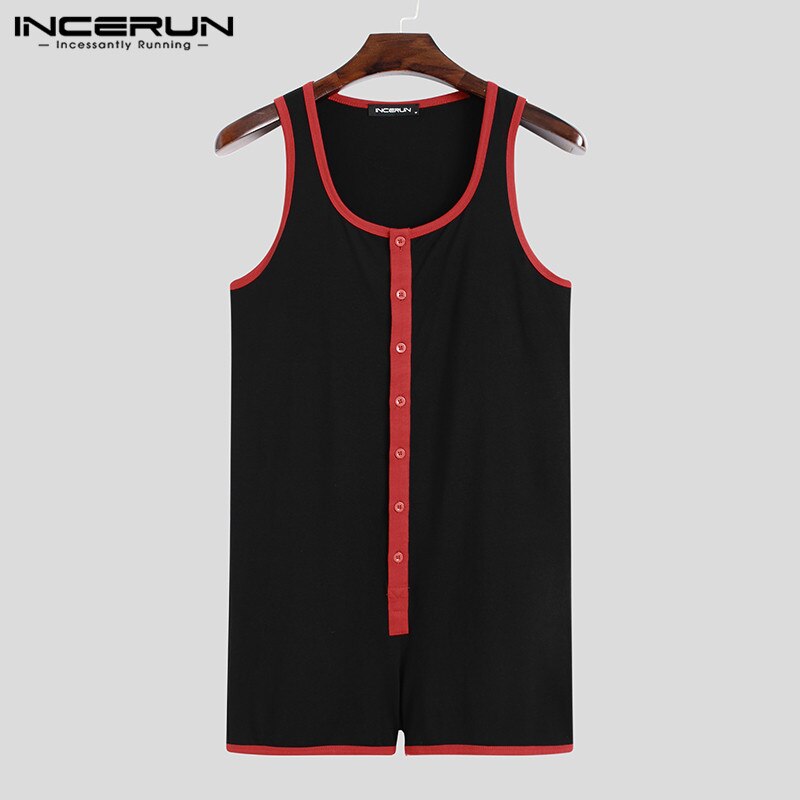 INCERUN Patchwork Onesies Casual Button Jumpsuit Sleepwear Men Sleeveless Romper Pajamas Summer Man Fitness Homewear 5XL