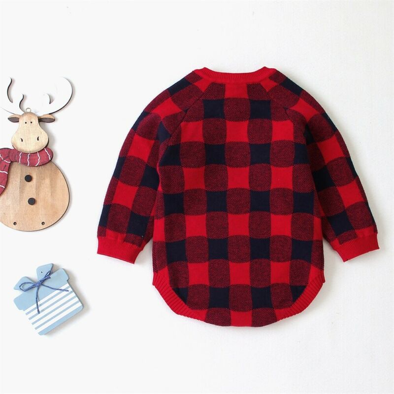 Navidad recién nacido bebé niña Bodi tejido Xmas Deer manga larga botón O cuello Plaid mono básico