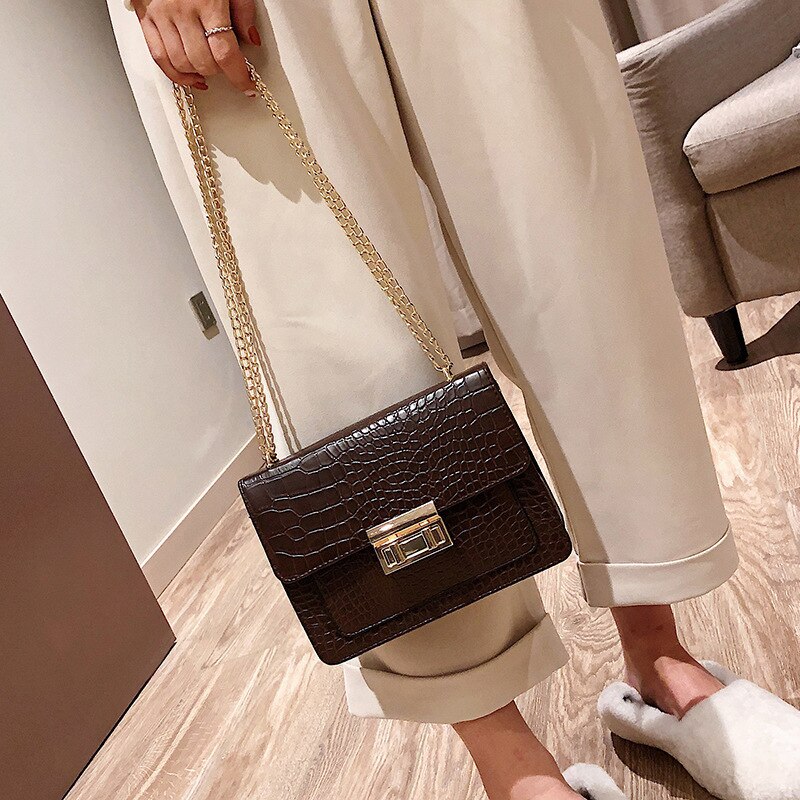 Retro Crocodile Pattern Shoulder Bags For Women PU Crossbody Bag Solid Color Small Square Bag Ladies Portable Handbags