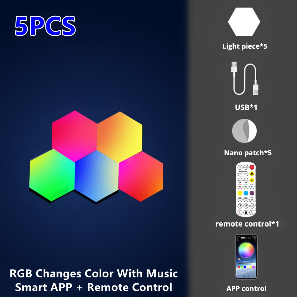 RGB Quantum Lamp Smart APP Hexagon Light Wall Lamp Touch Sensor LED Night Light rgbw DIY LED Honeycomb Light USB Modular Lamp 5V: 5PCS
