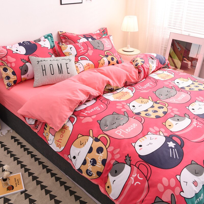 Rode Cartoon Kat Dekbedovertrek Kussensloop 3Pcs 220 × 240, Dekbedovertrek 200 × 230, dubbele Koningin Koning Beddengoed Sets, Rood Blad, Bed Cover