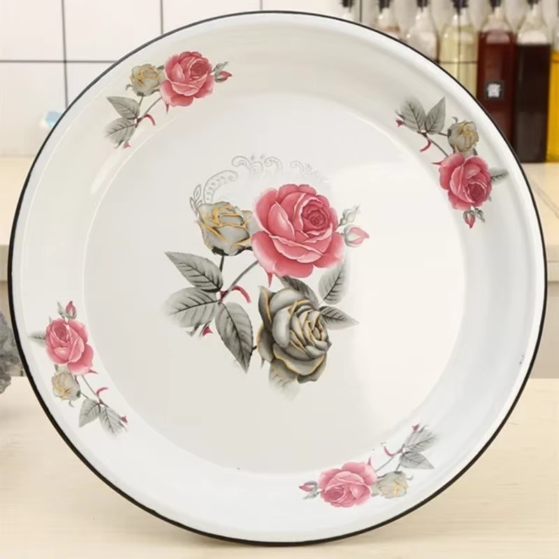 40cm fortykkede emaljetetallerkener, sauteret krydret kylling, jernporcelænstallerkener, suppetallerken, fisketallerkener, frugt- og blomsterskåle, salatskål: Sort