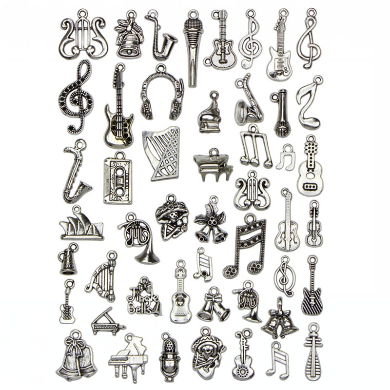 50pcs/lot Mix Musical Charms Vintage Instruments Pendant Microphone Guitar Violin DIY Jewelry Making