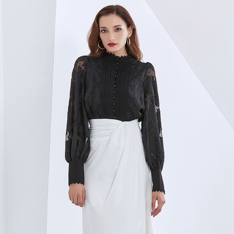 Twotwinstyle Kant Borduurwerk Voor Vrouwelijke Blouse Shirts Stand Kraag Lantaarn Lange Mouw Woemn Vintgae Shirts: black / S