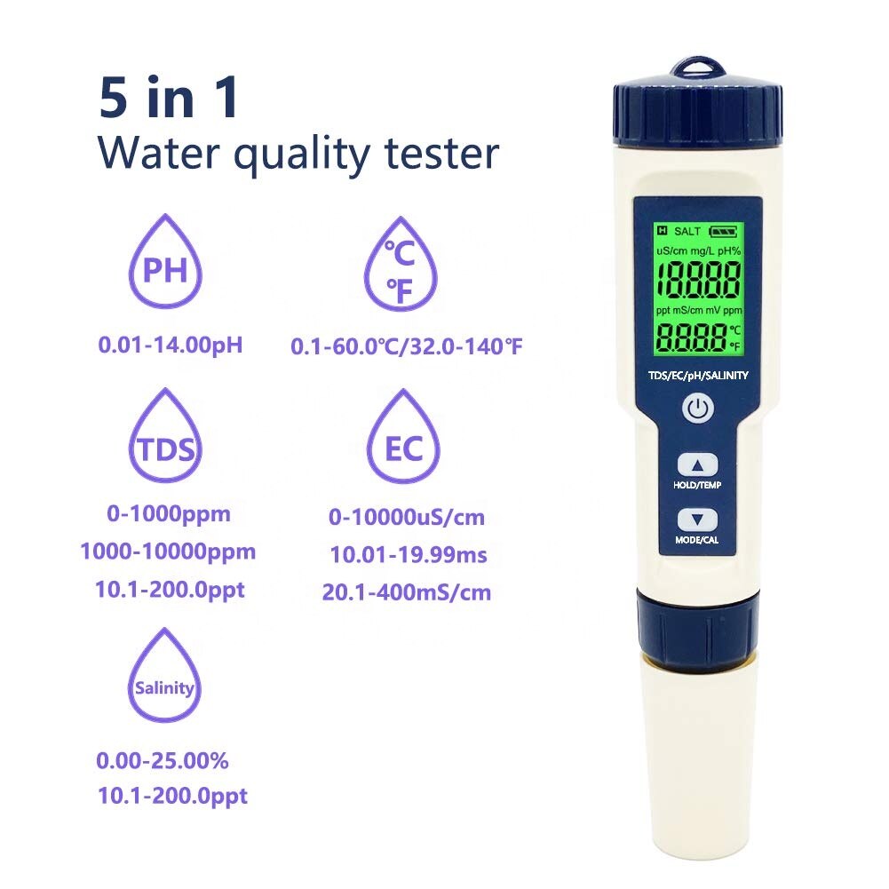 Ph Meter 5-In-1 Ph/Tds/Ec/Zoutgehalte/Temp Meter Water Quality Tester voor Voedsel Drinkwater Aquaria