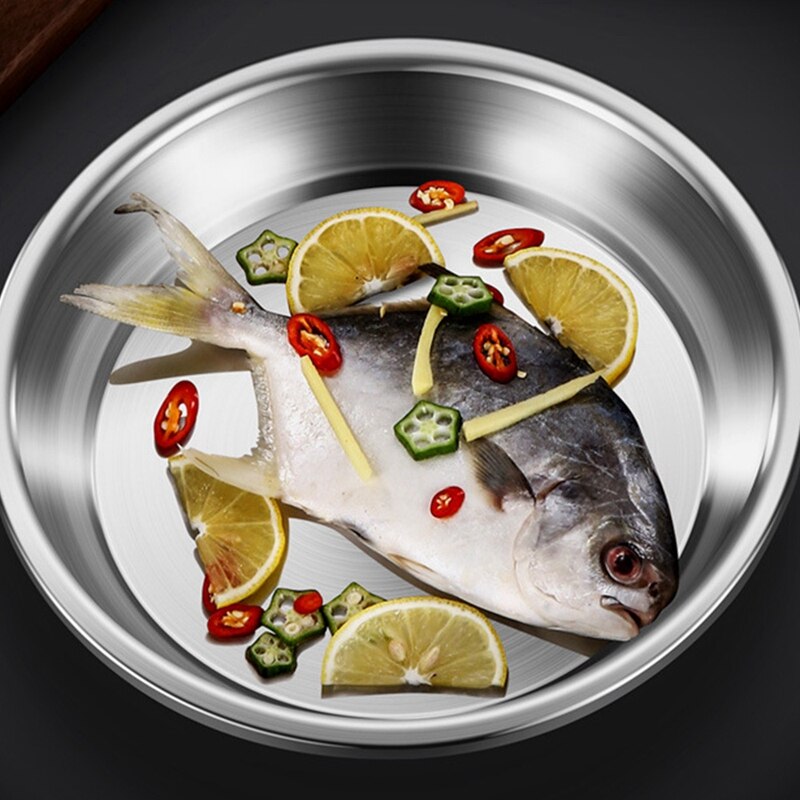 4Pcs 304 Stainless Steel Dinner Plates Kitchen Restaurant Tray Round Dessert Cake Snack Dishes Food Storage Plate