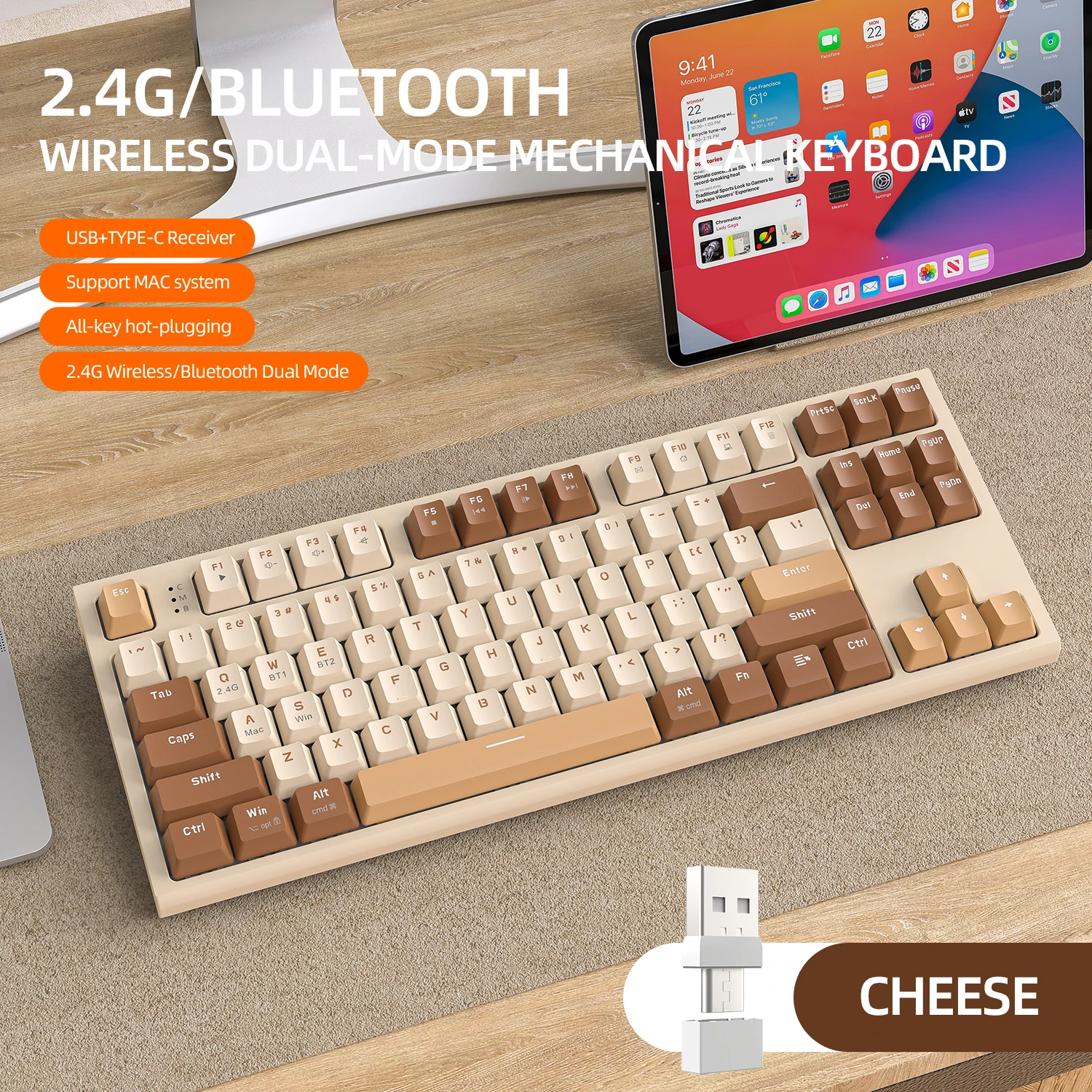 Teclado mecánico inalámbrico 2,4G BT5.0, teclas PBT para juegos de e-sports, 2 modos, receptor de TYPE-C USB, estructura de junta intercambiable en: Olive
