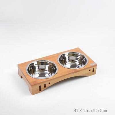 Solid Wood Pet Dining Table Bowl Pet Wooden Tilted Feeders Dog cat Anti-slip Three Bowls Cat Dish with Slope Stand(Heighten): StainlessSteelDouble