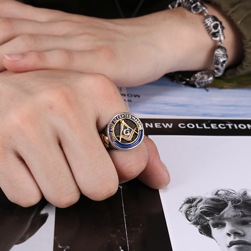 Masonic Ring Free Mason Stainless Steel Freemasonry Ring Freemason Gold For Men AG Jewelry Punk Blue Enamel Size 8-13