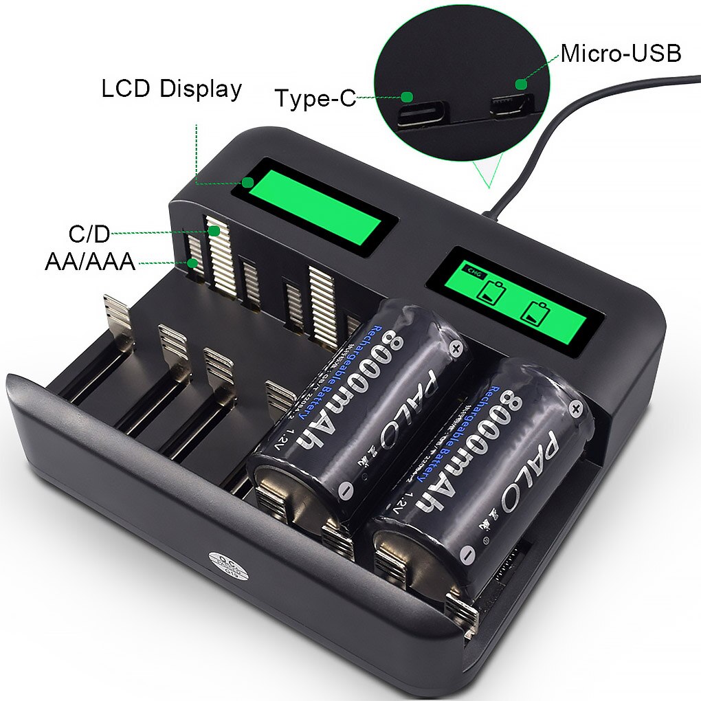 8-Slot Battery Charger Usb Powered Aa/Aaa/C/D Oplaadbare Batterij Lader Met Lcd Display