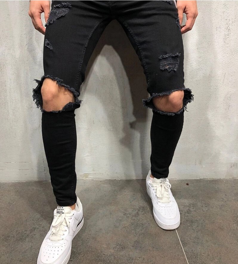 High streetwear mænd knæ med huller indretning sorte jeans med lynlås slim fit elasticitet skinny riflede bukser frem mænds jeans