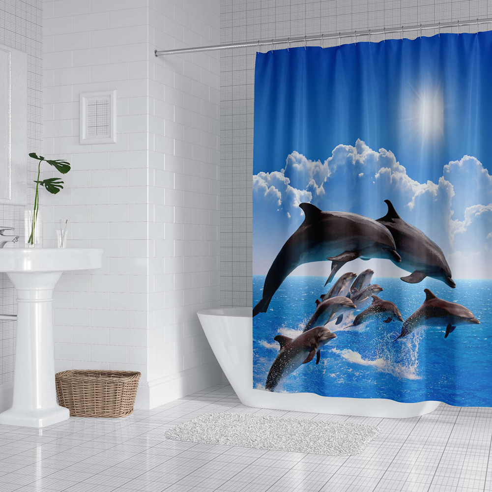Rideau de douche dauphin bleu, monde sous-marin, vie Marine, tissu en Polyester, thème océan pour enfants, ensemble de décoration de salle de bain avec 12 crochets