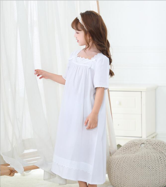 Zomer Meisjes Nachtjapon Jurk Baby Meisje Witte Boog Katoenen Pyjama Jurk Kidis Boog Nachtkleding Kleding 6 8 10 12 Jaar