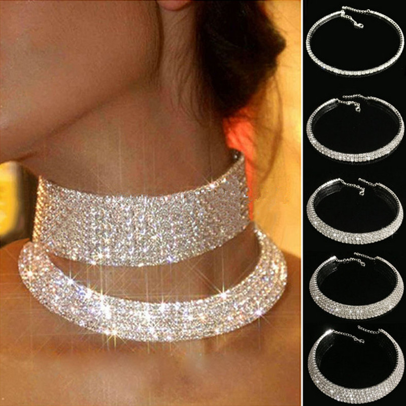 Peacock Star ultra-luxury Trendy Wedding Party Prom Choker Necklace 8 Row Stretch Crystal Rhinestone Women's jewelry