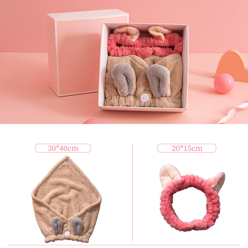 Roze Meisjes Droog Haar Cap Verdikte Water-Absorberende Sneldrogende Coral Fleece Badmuts Wassen Gezicht Hoofdband Set voor Make-Up Remover: Khaki