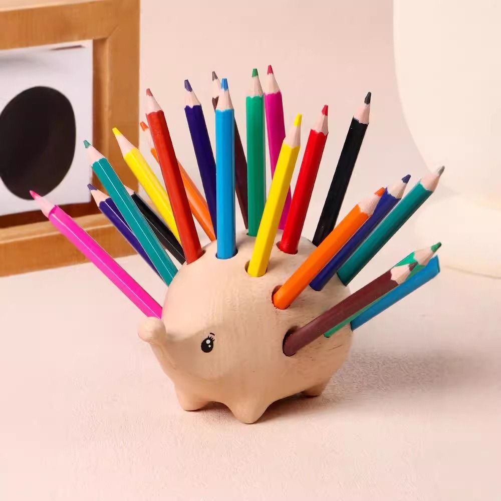 Portalápices de erizo con 21 agujeros, juego de soporte para lápices artísticos de madera, decoración de mesa de superficie lisa, contenedor para bolígrafos, almacenamiento de escritorio