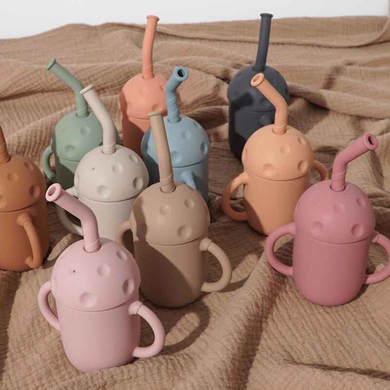 Tasse à champignon en Silicone pour enfants, avec paille, à Double poignée, isolation thermique, en Silicone souple, facile à nettoyer