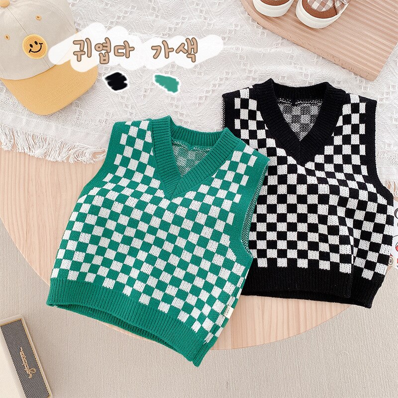 Ropa para niños 1160B, chaleco de punto a cuadros con cuello en V, suéter informal bonito para niño, Tops a cuadros para niña 2022
