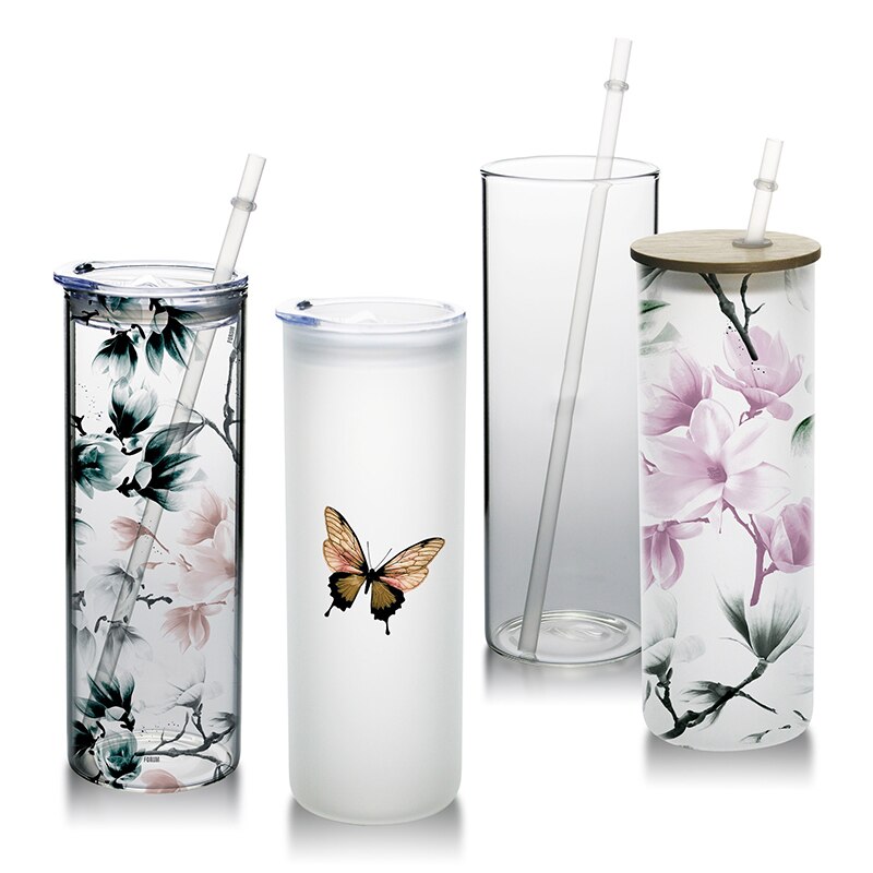 Sublimation Skinny Tumbler 20oz Clear Frosted Glass Juice Cups with Lid and Straw Straight Drinking Bottle For Wedding Party