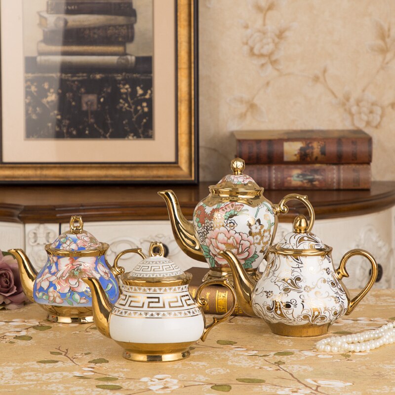 European Style Vintage Gold 1380mL Ceramic Coffee Pot Set Large Capacity Teapot Luxury Milk Pot English Flower Tea Set